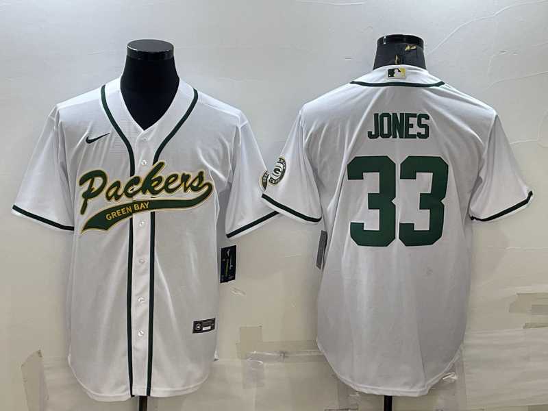 Mens Green Bay Packers #33 Aaron Jones White With Patch Cool Base Stitched Baseball Jersey->green bay packers->NFL Jersey